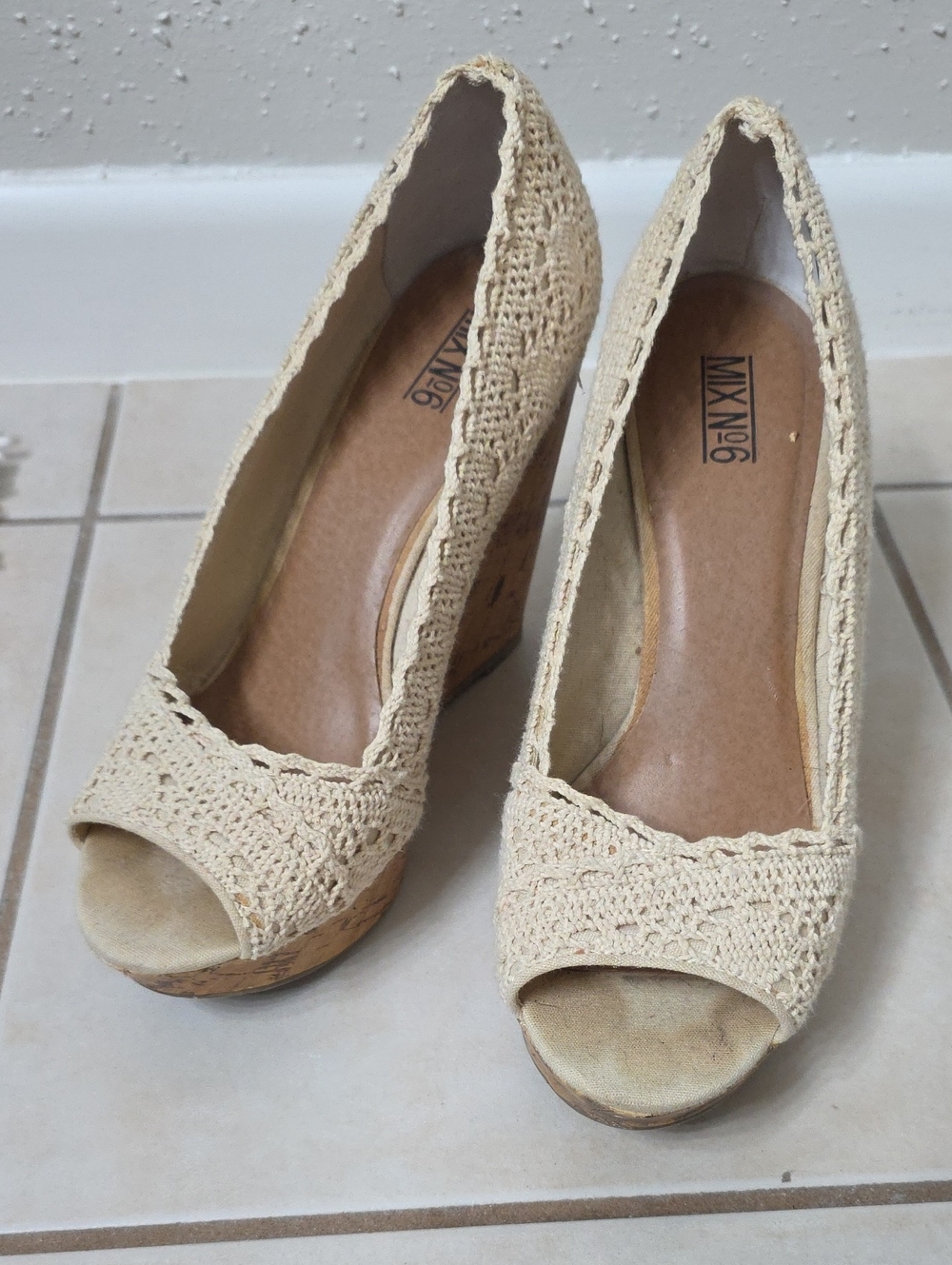 Mix No. 6 Cream Crochet Peep-Toe Wedge Heels